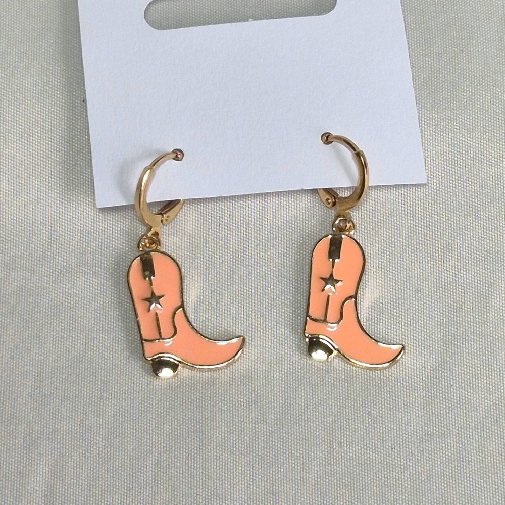 Pink‎ cowgirl boots gold tone enamel dangle earrings